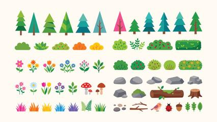 Forest Nature Elements Clipart Bundle with Trees Bushes Flowers Rocks and Grass for Game UI Landscape Design © Budi