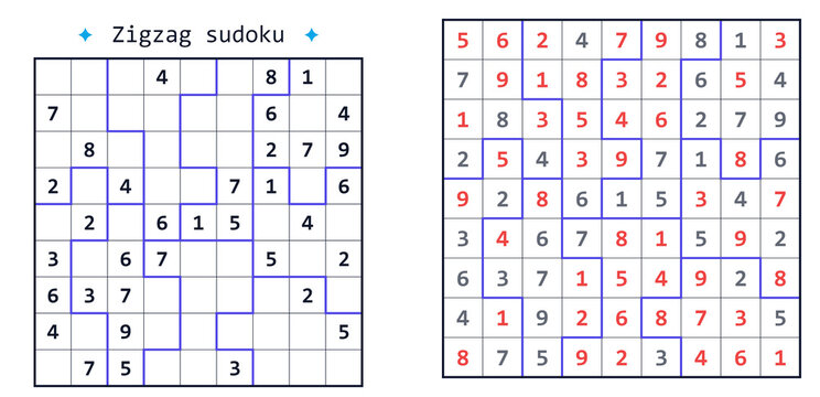 Jigsaw sudoku puzzle with medium difficulty level showing unsolved grid and complete solution for logic game concept, brain training, and educational worksheet usage