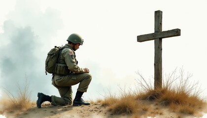 Fototapeta premium Soldier kneels before wooden cross on sandy ground with dry grass. Military man in helmet and backpack bows head in prayer or contemplation at war zone.