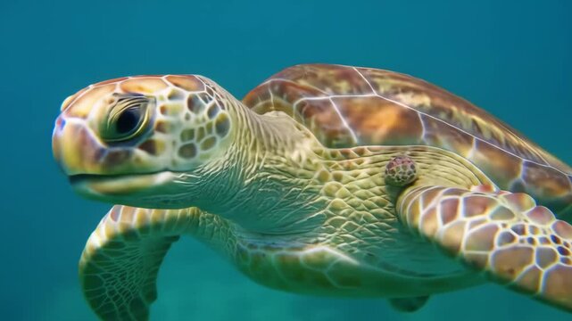 Vibrant Underwater Encounter - Majestic Green Sea Turtle Glides Through Azure Depths.