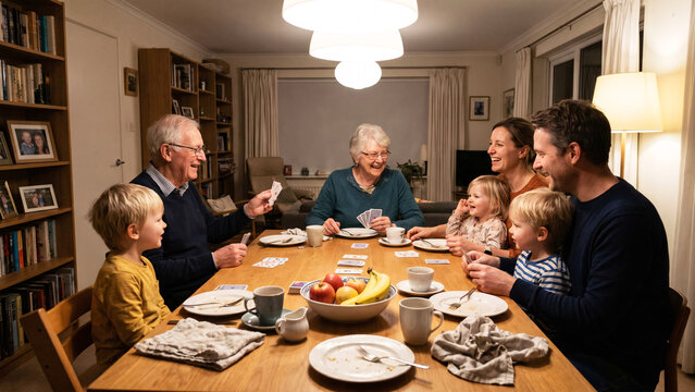 Multigenerational Family Playing Card Game After Dinner, Cozy Home Dining Table, Grandparents, Parents, Children, Shared Laughter