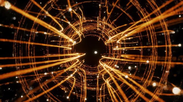 Smooth rotational dolly video in an infinite indigo-black digital void with vibrant phosphorescent orange light trails & white data particles. Quantum computing concept