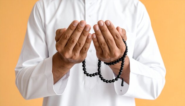 Close-up of a devout individual's hands holding prayer beads in a gesture of sincere supplication and devotion, reflecting spiritual practice and worship