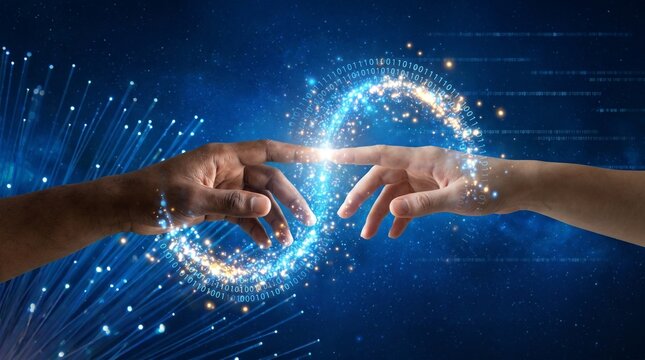 Diverse hands touching glowing binary code and digital data particles representing artificial intelligence.