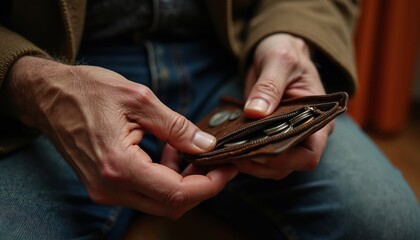 Fototapeta premium Elderly man hands with prominent veins look through meager coins in worn wallet. Man searches for cash, faces financial hardship and poverty, representing economic struggle and budget concerns.