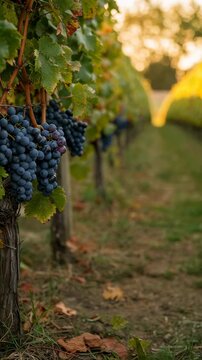 African american woman harvesting grapes in vineyard. Farmer picking fresh organic fruit into wooden basket. Viticulture agricultural process for wine production. Vertical video