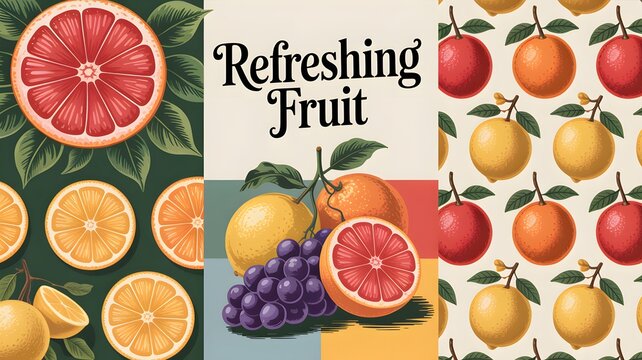 Refreshing fruit collage with citrus orange grapefruit and grapes for summer drink menu design.