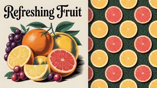 Refreshing fruit citrus and grapes composition with seamless pattern background.