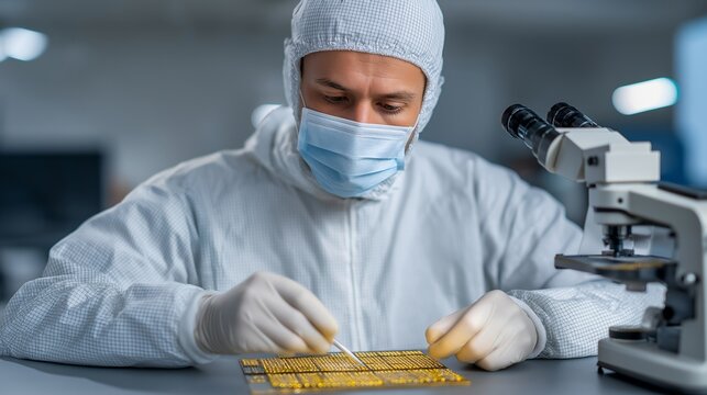 Semiconductor packaging engineer peels a protective film from a stack of gold-bumped flip chips under a yellow clean zone light, tweezers and inspection microscope nearby, quiet concentration