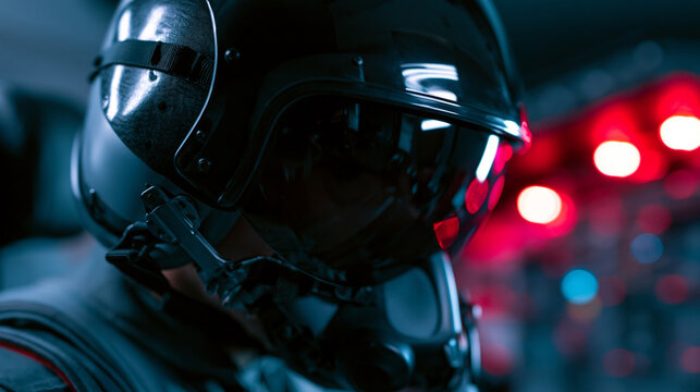 Person wearing futuristic virtual reality headset with reflective visor and neon city lights in cyberpunk atmosphere.