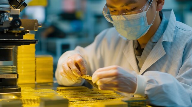 Semiconductor packaging engineer peels a protective film from a stack of gold-bumped flip chips under a yellow clean zone light, tweezers and inspection microscope nearby, quiet concentration