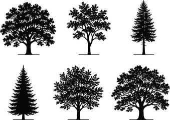 Obraz premium Tree Silhouette Set Featuring Deciduous and Pine Trees for Nature Landscape and Botanical Design Projects