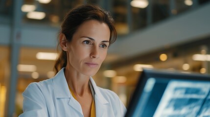 Naklejka premium Physician in clinical white lab reviewing bone density scan imagery on illuminated wall display, solitary individual framed by industrial hospital corridor, ideal for bone loss space prevention,