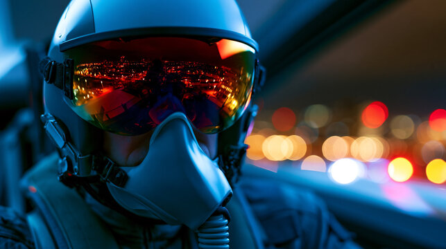 Person wearing futuristic helmet with reflective visor and colorful neon lights creating cyberpunk technology atmosphere.