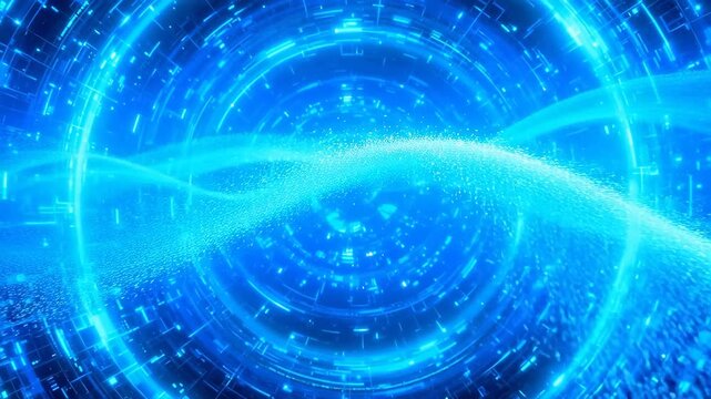 UI/UX要素やデジタルモーショングラフィックスに最適な,光の粒子が散りばめられた青いデジタルトンネル