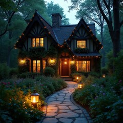 Fototapeta premium Enchanting cottage glows with warm lights at night. Stone path winds through lush garden. String lights adorn eaves, fairy tale ambience. Cozy home welcomes visitors.