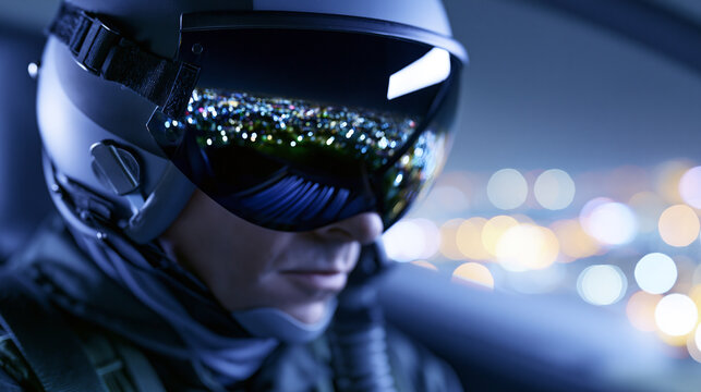 Person wearing futuristic helmet with reflective visor and colorful neon lights creating cyberpunk technology atmosphere.