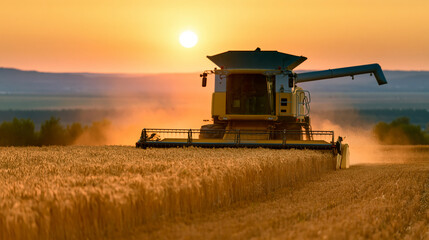 Fototapeta premium Golden wheat field at sunset with a combine harvester in the background, representing agriculture and harvest season.