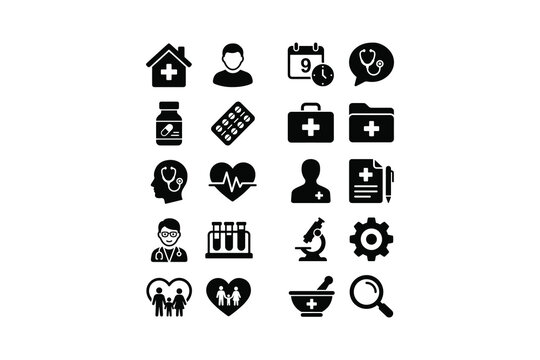 Medical healthcare and hospital black solid glyph icon set, doctor medicine and emergency symbols vector