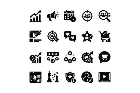 Business growth and digital marketing black solid glyph icon set, seo analytics team strategy symbols vector