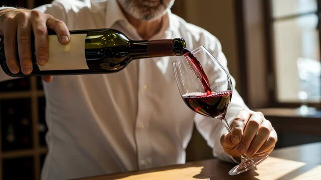 Mature man waiter pouring red wine from glass bottle into stemware. Professional sommelier serving alcohol in restaurant during dinner for luxury degustation.