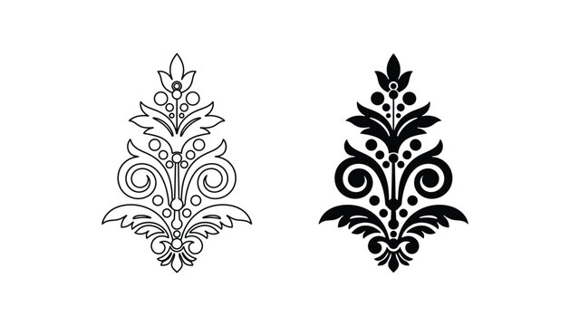 Floral decorative ornament scroll icon set with leaves and circles in outline and solid black silhouette styles for vintage frame and luxury invitation graphic design projects in vector format