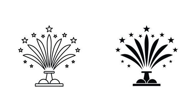 Fireworks fountain explosion icon set with stars in outline and solid black silhouette styles for party celebration event posters and festive graphic design asset collections in vector format