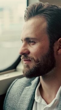 Businessman, thinking and commute by bus window for work destination, travel and real estate career. Realtor, person and morning journey in public transport with thoughts, plan and vision for future.