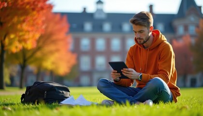 Obraz premium Young man sits on campus lawn with tablet and books. Autumn trees with orange leaves frame him. He studies outdoors using tech, focused on his learning with backpack nearby.