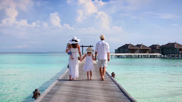 A elegant family of four enjoys their tropical vacations in the Maldives islands as a concept for travel and vacations