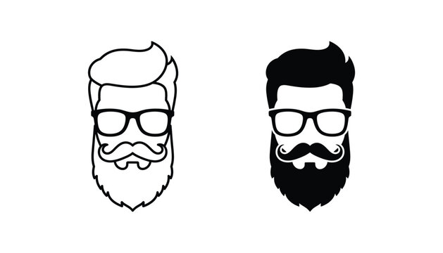 Stylish hipster man with glasses and thick mustache in outline and solid black silhouette vector icon