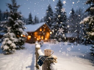 Naklejka premium Cozy winter scene with a hot drink in a snowy landscape at twilight.