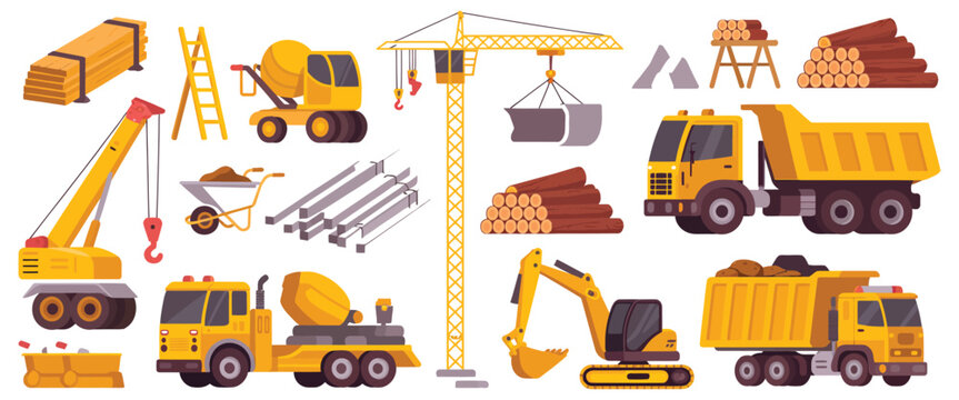 Construction site object set tools machinery building elements vector illustration