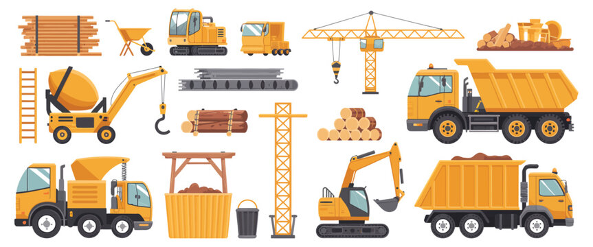 Set of construction site objects equipment tools building elements vector illustration