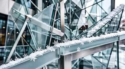 Fototapeta premium Decorative artificial snowflakes on a modern glass building railing.