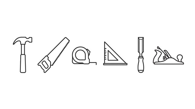 Outline construction and woodworking tools icons collection, featuring hammer, saw, tape measure, triangle ruler, chisel, and plane on isolated white background.