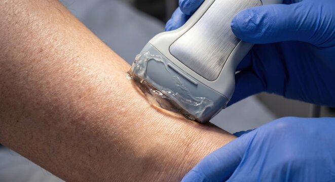 Ultrasound scan of patient's Achilles tendon close-up