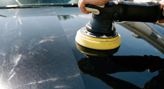 Polishing black car hood with dual action polisher and yellow pad