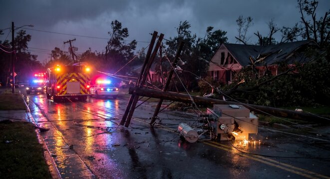 Fallen power lines and sparking transformer after hurricane at night