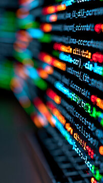 Close-up of colorful programming code on a screen with shallow depth of field and blurred laptop keyboard.
