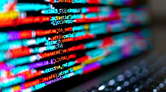 Close-up of colorful programming code on a screen with shallow depth of field and blurred laptop keyboard.