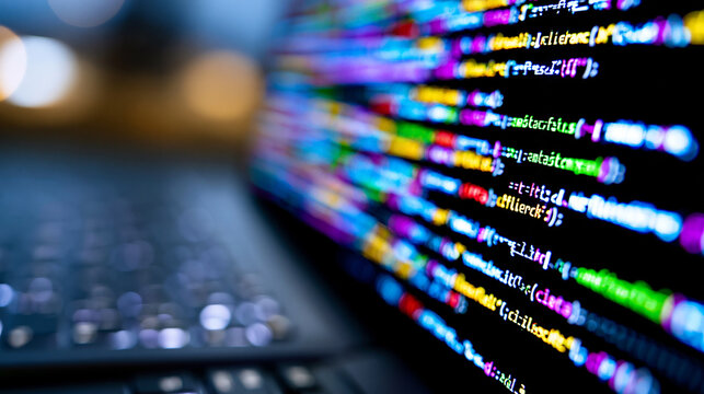 Close-up of colorful programming code on a screen with shallow depth of field and blurred laptop keyboard.