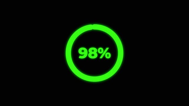 Glowing neon green 100 percent complete circular loading icon isolated on transparent background, futuristic progress bar vector