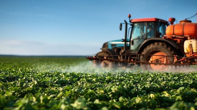 Tracteur pulv&eacute;risant des produits agricoles dans un champ verdoyant
