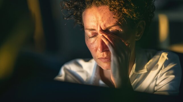 Femme stress&eacute;e tenant sa t&ecirc;te dans ses mains sous un &eacute;clairage chaud