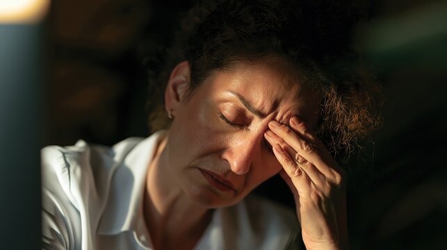 Femme fatigu&eacute;e tenant sa t&ecirc;te dans sa main exprimant stress et &eacute;puisement