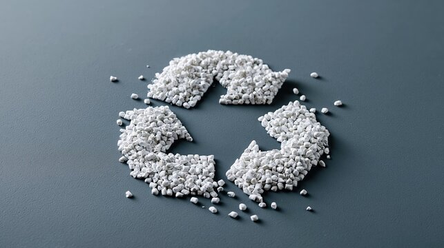 Symbole de recyclage form&eacute; de granul&eacute;s plastiques blancs sur fond gris