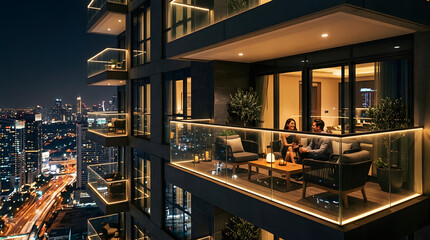 Fototapeta premium Glass Balcony With Glowing Lights Overlooking City Nightscape In Modern Luxury Architecture Scene