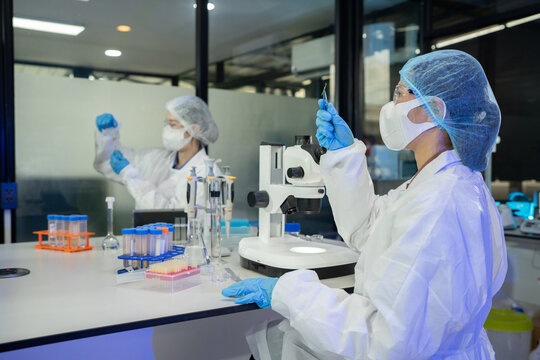 Two lab technicians wearing white coats, masks, and gloves analyze specimens beside a microscope in a professional biomedical research facility