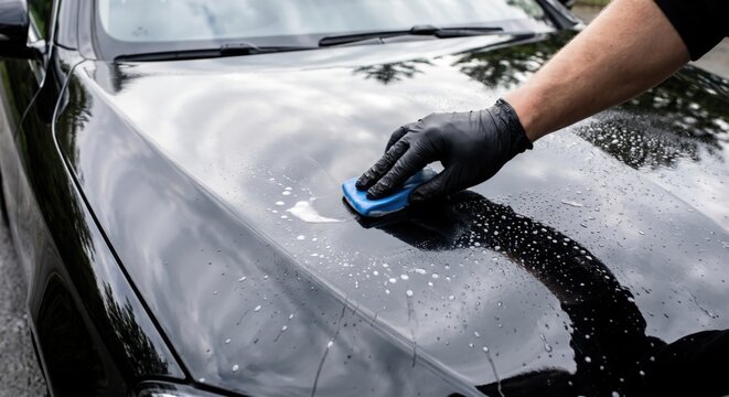 Detailer using clay bar on black luxury car hood